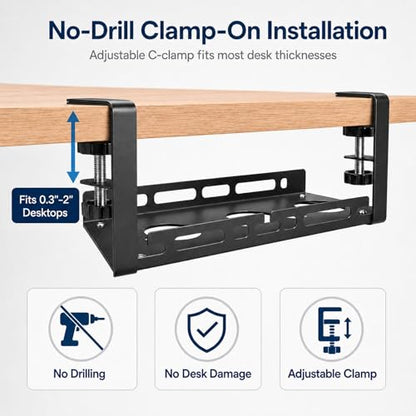 Under Desk Cable Management Tray, 15.75" No Drill Clamp-On Metal Cable Tray for Power Strip, Compact Under Desk Cord Organizer and Wire Management Holder for Office, Gaming Desk, Standing Desk