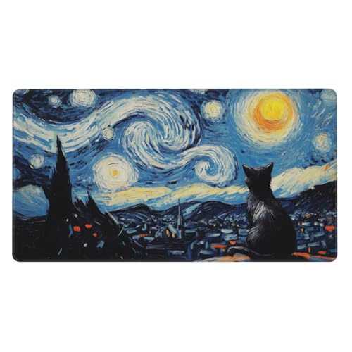 MTG Playmat Starry Night Cat Painting TCG Play Mat Original Hand-Painted Smooth Surface Stitched Edges Non-Slip Rubber Base for Trading Card Games Board Games 23.5x13.6in