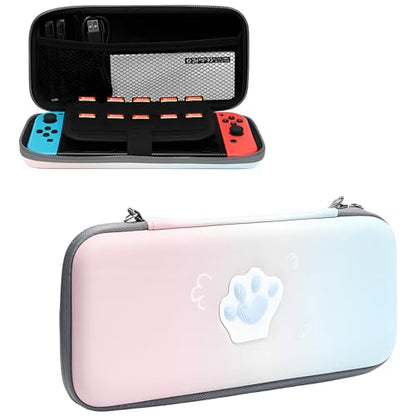 QUBAMG Cat Paws Carry Case Compatible with Nintendo Switch and Switch OLED Console -Protective Hard Portable Travel Carry Case Shell Pouch with Pockets for Accessories and Games Blue-Pink - color: Blue-Pink Gradient Cat Paws