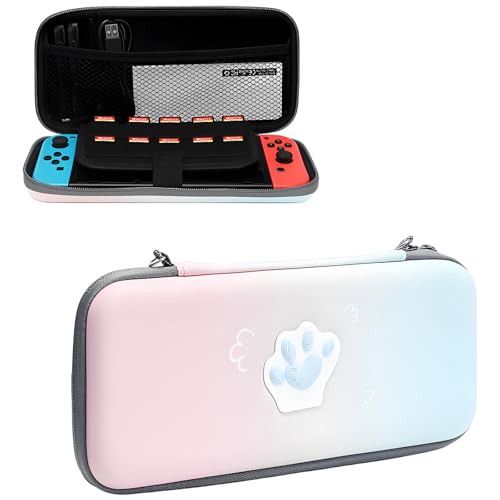 QUBAMG Cat Paws Carry Case Compatible with Nintendo Switch and Switch OLED Console -Protective Hard Portable Travel Carry Case Shell Pouch with Pockets for Accessories and Games Blue-Pink - color: Blue-Pink Gradient Cat Paws