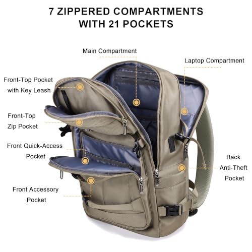 PIJUSHI Casual Travel Backpack for Women with 16" Padded Laptop Compartment | Carry On Luggage with USB Charging Port, 1680D Water-Resistant Nylon, Airline Approved, For Daily, Hiking - color: Updated Khaki