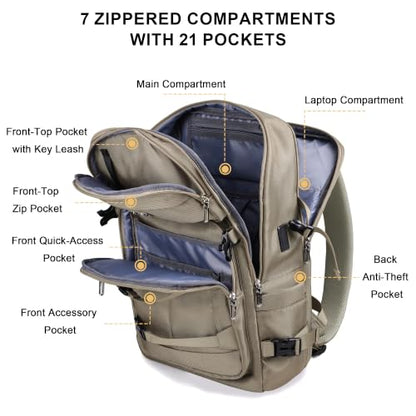 PIJUSHI Casual Travel Backpack for Women with 16" Padded Laptop Compartment | Carry On Luggage with USB Charging Port, 1680D Water-Resistant Nylon, Airline Approved, For Daily, Hiking - color: Updated Khaki