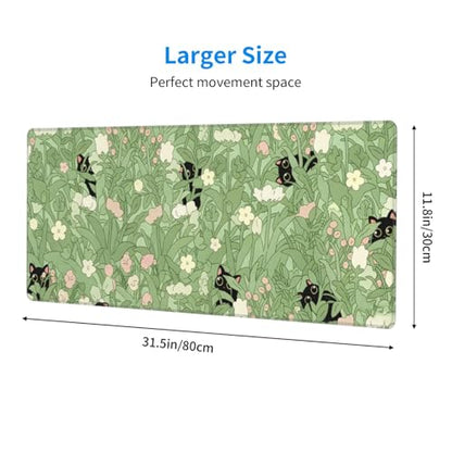 Large Gaming Mouse Pad Desk Mat, Kawaii Black Cat and Floral Extended Keyboard Mouse Pad Mousepad with Non-Slip Base and Stitched Edge Mouse Mat Desk Pad Mouse Pads for Desk Home Office, 31.5 x 11.8 - color: Kawaii Black Cat