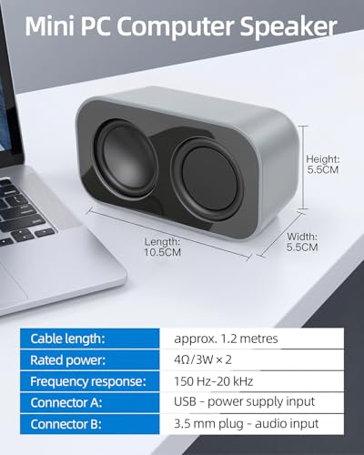 GELRHONR Computer Speakers for Desktop PC, 2×3W Small Stereo Speakers,USB Powered with 3.5mm Aux and Volume Control,Plug and Play for Laptop,Tablet 1.2M,Grey