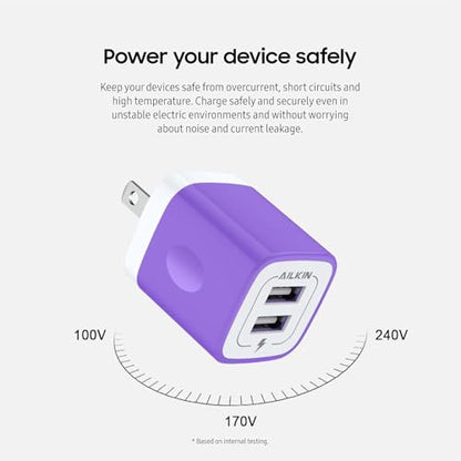 AILKIN USB Wall Charger, Charger Adapter, 2.1A Dual Port Quick Charger Plug | USB A Cube for iPhone, Samsung Galaxy Double USB A AC Power Adapter US Standard Travel Old Supply Box Charging Block - color: Purple, style: Block