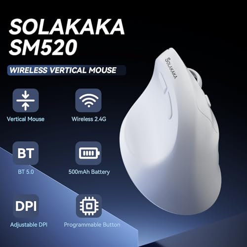 SOLAKAKA SM520 Ergonomic Wireless Mouse with 24,000 DPI, White | Stable Tri-Mode Connection, Comfortable Vertical Design, Rechargeable Battery, Programmable Side Button, for PC, Laptop - color: white