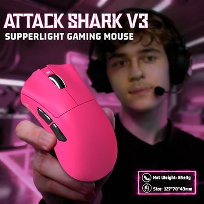ATTACK SHARK V3 Ultra-Light Wireless Gaming Mouse,PAW3311 Sensor, 500mAh, 62g, 25KDPI 2.4G/BT/USB-C Rechargeable Wireless Mouse with 5 Programmable Buttons for Laptop,PC,Mac Gamer (Berry Red) - color: Berry Red