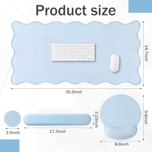Sabary Scalloped Desk Mat Keyboard Mouse Pad Set 35.5 x 15.7 Inch Blue Preppy Table Mat Keyboard Wrist Rest Cute Aesthetic Mouse Pad with Wrist Rest Coaster Ergonomic Non-Slip Waterproof Gaming Desk - color: Blue, size: 35.5 x 15.7 Inch