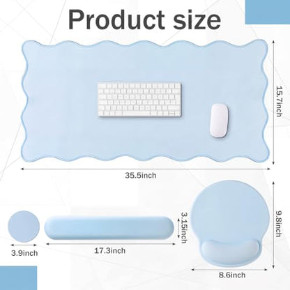 Sabary Scalloped Desk Mat Keyboard Mouse Pad Set 35.5 x 15.7 Inch Blue Preppy Table Mat Keyboard Wrist Rest Cute Aesthetic Mouse Pad with Wrist Rest Coaster Ergonomic Non-Slip Waterproof Gaming Desk - color: Blue, size: 35.5 x 15.7 Inch