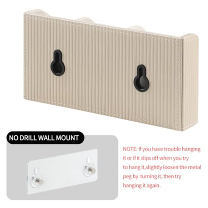 Remote Control Holder Wall Mount TV Remote Holder Caddy Organizer | PU Leather, Self Adhesive, 3 Compartments, Soft Velvet Lining, Aesthetic Stripes - color: Beige
