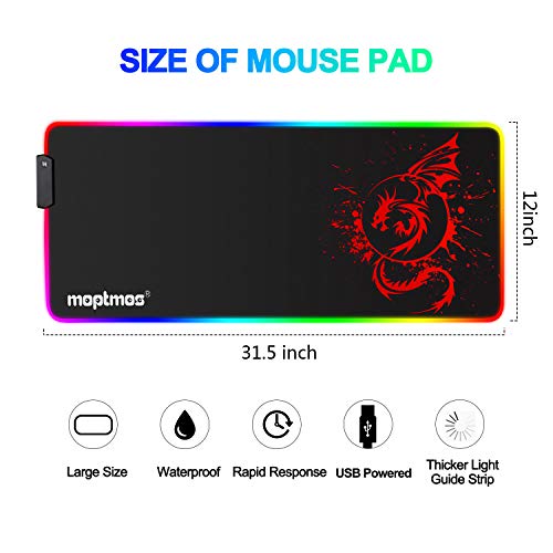 RGB Gaming Mouse Pad Anime Dragon Mousepad Mat LED with 15 Lighting Modes for Computer 31.5 X 12 Inch (Red) - color: LED-Red