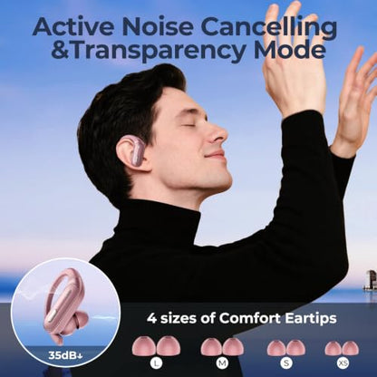 Active Noise Cancelling Ear Buds Wireless Earbuds 90Hrs Playtime Bluetooth Headphones with Hi-Res Stereo Deep Bass Power Display Earphones with Earhooks Waterproof Transparency Headset for Sports/Gym - color: Rose Pink