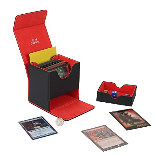 AEGIS GUARDIAN Card Deck Box with Dice Tray for MTG Cards, Commander Deck Box fit 150+ Sleeved Cards, PU Leather Card Storage Box Strong Magnet Deck Game Case for TCG CCG, Red Ineer - color: 4-2