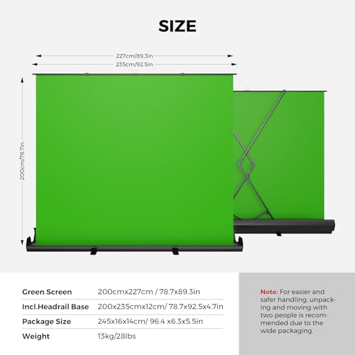 VK50 Green Screen & 2 SL40 Softbox Light Kit, 78.7" x 89.3" Pull-Up Chroma Key Backdrop with Two 100W Dimmable Studio Lights, 2700K–6500K, Adjustable Stands for Streaming, Content Creation