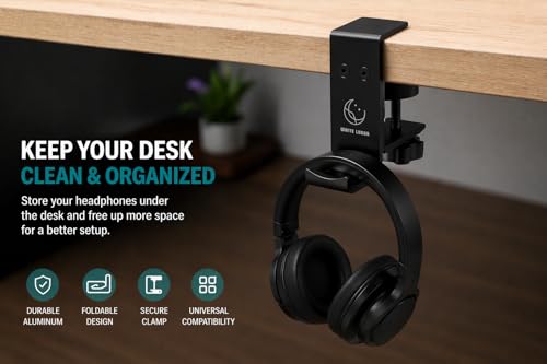 Under Desk Headphone Hanger, Foldable Aluminum Headset Hook for Clean Desk Setup, Space Saving Clamp Mount for Gaming & Home Office
