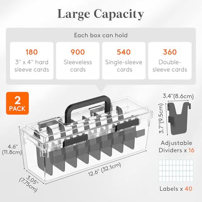 Lifewit Trading Card Storage Box fit for Toploader, Stackable Reinforced Latch Case with 8 Adjustable Dividers, Writable Labels, Organizer for MTG TCG Sports Baseball Bulk Cards, 2 PCS
