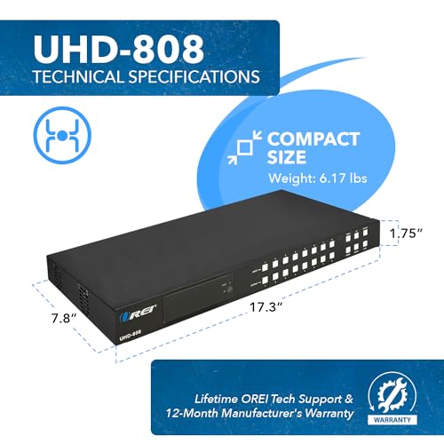 OREI 8x8 HDMI Matrix Switch – 4K@60Hz Audio Extraction, EDID, ARC, HDCP 2.2 | 8x8 HDMI Matrix Switch, 4K60, 18Gbps, ARC, 4K Downscaler, Analog & Coax Audio Extraction, EDID, HDR - size: 8x8 Matrix