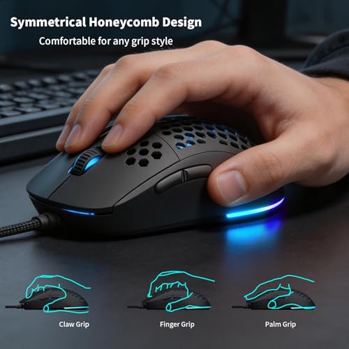 MR.FOX M1 Ultralight Honeycomb Gaming Mouse Wired, 75g Lightweight, 12,800 DPI Optical Sensor, RGB Lighting with Music Sync, 6 Programmable Buttons, Braided Cable, Gaming Mouse for PC/Mac, Black - color: Black