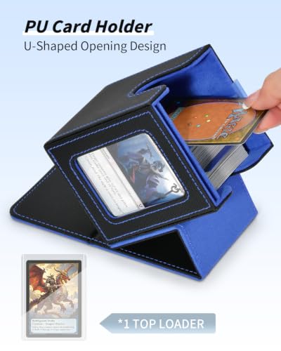 Card Deck Box with MTG Commander Display, Deck Case Holds 100+ Double-Sleeved Cards, Trading Card Storage Box Fits TCG/PTCG/Sports Card with 2 Dividers, Top Loaders (Black Blue) - color: Black Blue