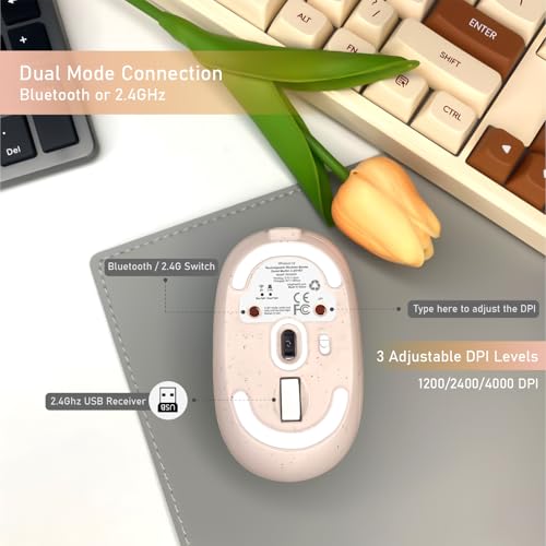 Wireless Mouse (Bluetooth+2.4G) Rechargeable Portable Silent Quiet Computer Mouse with 4000 DPI for Laptop/PC/Mac/MacBook/Chromebook/Surface Pro/iPad/Tablet Ambidextrous (Pink) - color: Pink