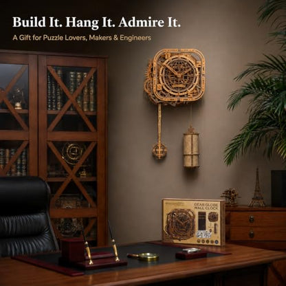 WOODEN.CITY 3D Wooden Puzzle – Gear Globe Wall Clock | Wooden Clock Puzzle Model Building Kit for Adults | 369 Pieces | Mechanical 3D Puzzle Clock | No Glue Required | Made in EU - color: Globe Wall Clock