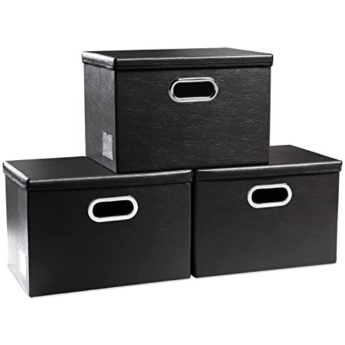 PRANDOM Collapsible Storage Bins with Lids [3-Pack] Leather Fabric Foldable Storage Boxes Organizer Containers Baskets Cube with Cover for Bedroom Closet Office Nursery Black (14.9x10.8x10) - color: Black, size: Medium(3-Pack)