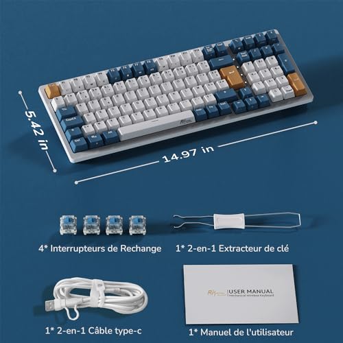 RK ROYAL KLUDGE RK98 Wireless Mechanical Keyboard, Triple Mode 2.4G/BT5.1/USB-C Hot Swappable Keyboard with Number Pad, Pre-lubed Clicky Switches RGB Backlit Gaming Keyboard, Software Support - color: White, size: Hot Swap Blue Switch
