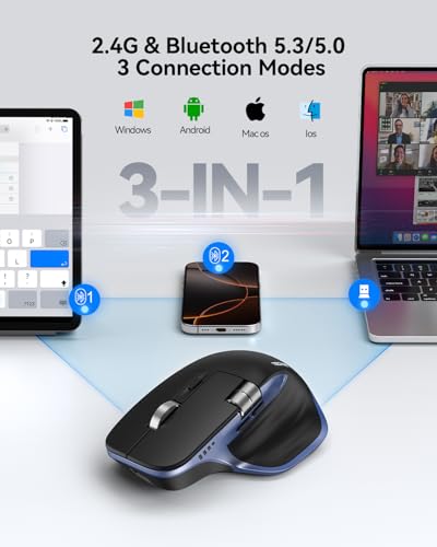 TECKNET Wireless Mouse, Bluetooth Mouse (BT5.3/5.0 & 2.4G) Rechargeable Ergonomic Optical Mouse with 6 Adjustable DPI, Side Scroll, Quiet Clicks, USB A Receiver, 7 Buttons, Wide Compatibility - color: Black & Blue