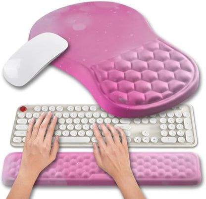 Hokafenle 2 in 1 Ergonomic Mouse Pad Wrist Support & Wrist Rest for Computer Keyboard Set, with Relieve Carpal Tunnel Pain Massage Bulge and Full Memory Gel Design (2In1 Set, Sweet Pink) - color: Hk020-sweet Pink