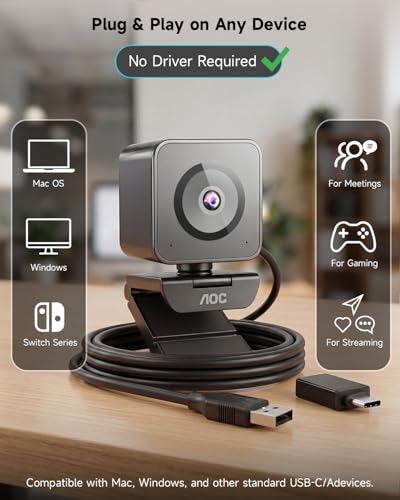 AOC 4K Webcam for PC, Sony Sensor, 1080P 60FPS Streaming Camera with PDAF | Computer Camera for Zoom/Mac/Switch 2, Privacy Cover, Plug & Play, 75° FOV, Tripod, USB A-C Adapter Included