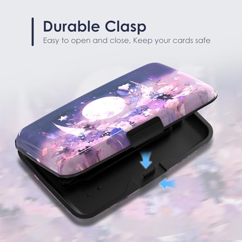 Mini Credit Card Holder for Women Men, RFID Blocking Slim Metal Card Case ID Case Business Travel Hard Wallet, Purple Flowers Moon - color: Purple Flowers Moon