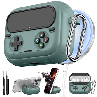 Getino Retro Game Case for AirPods Pro 3 | Game Console Design Protective Cover with Foldable Stand, Secure Lock Anti-Drop Shockproof PC+TPU Case, Keychain & Cleaning Kit for Men & Boys, Pine Green - color: Pine Green