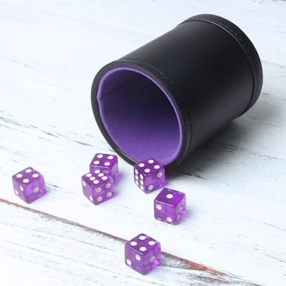 PU Leather Dice Cup Set, Purple Velvet Interior Dice Cup Shaker Quiet with 6 Purple Translucent Dice for Liars Dice/Farkle/Yahtzee Games, 1 Pack - color: Purple B