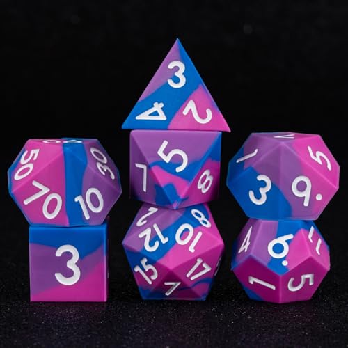 DND Silicone Rubber Polyhedral D&D Dice Set,Sharp Edges Soft Perfect Bouncer for Dungeons and Dragons, RPG, MTG (D4, D6, D8, D10, D12, D20, D%) for Ages 15 and Up - color: Blue Purple Rose Red