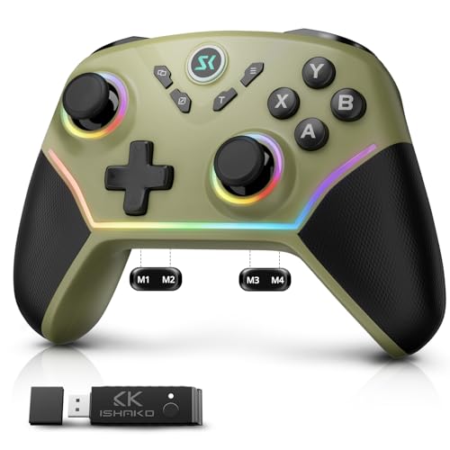 ISHAKO Wireless PC Controller, Hall Effect Gaming Controller with 1000Hz Polling Rate, 3-Stage Adjustable Triggers, 4 Macro Back Buttons, Bluetooth/2.4G Controller Compatible with Windows PC, Switch, iOS, Android, Steam Deck - Green - color: Olive Green