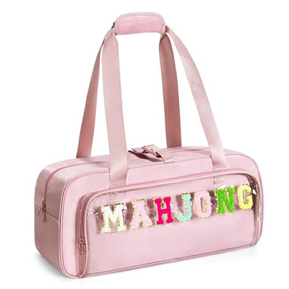 Yarwo 3 PCS Mahjong Bag Empty, Clear American Mahjong Tiles & Rack Bags Set | Zippered Game Storage with Mahjong Mat Strap and Sewn Chenille Letter for Mahjong Tiles, Racks & Pushers, Case Only, Pink - color: Pink