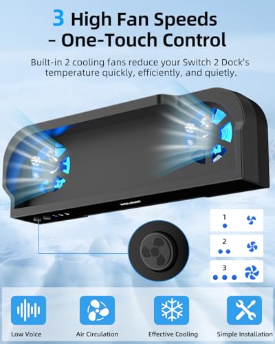 OLCLSS Cooling Fan for Switch 2 Dock, Dual High-Speed Fans with 3-Speed Adjustment, RGB Lighting, Quiet Operation, Wall Mountable Stand, USB Powered Cooling Fan for Switch 2 Console