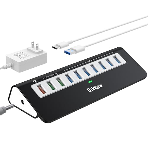 Powered USB Hub 10Gbps, 10 Port USB 3.2 Gen 2 Hub with 7 USB 3.2 Data Ports, 3 Fast Charging Ports, 36W Power Adapter, Type A and Type C Cable, Aluminum USB Hub for Laptop, Mac, PC - color: Black, size: 7 data + 3 charging