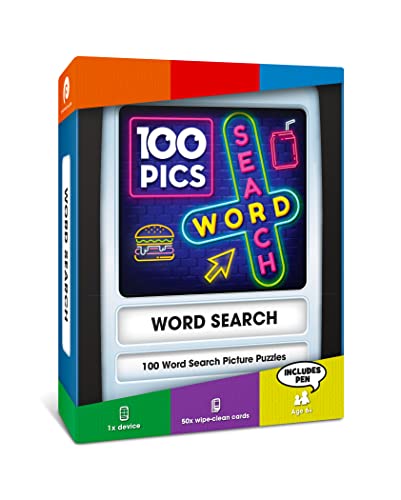 100 PICS Word Search Travel Game - 100 Puzzles with Picture Clues | 50 Wipe Clean Cards with Slide Reveal case and Pen | Activity, Gift, Stocking Stuffer | for Kids and Adults, Age 6+ - style: Word Search