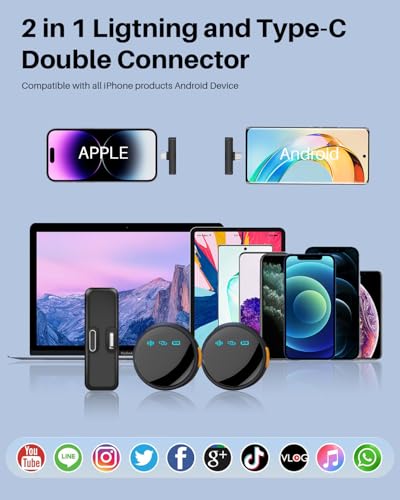 2Pack Wireless Lavalier Microphone for iPhone iPad Android with Charge Case, Mini Clip/Magnetic Microphones for Lightning/USB-C Video Recording, Vlogging, YouTube, Interviews, 100FT - style: Cylindrical
