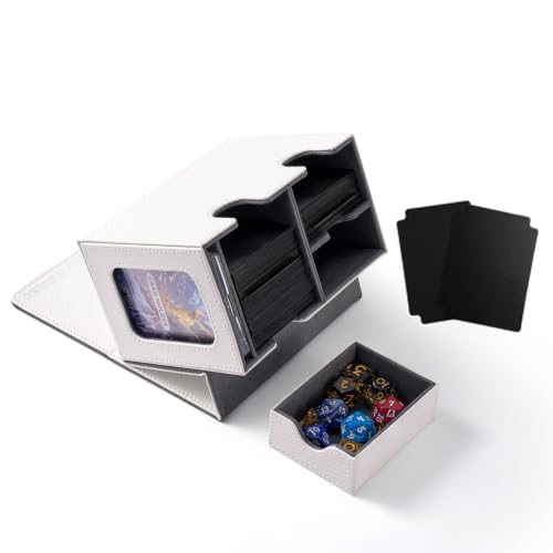 MTG Deck Box for Commander Display with Dice Tray (White＆Grey) | Holds 200 Single/160 Double-Sleeved Cards, Fit MTG/PTCG/OPTCG Cards, Strong Magnet, With 2 Dividers & 1 Magnetic Card Holder - color: White＆Grey