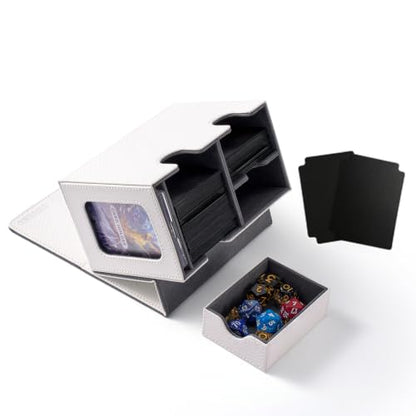MTG Deck Box for Commander Display with Dice Tray (White＆Grey) | Holds 200 Single/160 Double-Sleeved Cards, Fit MTG/PTCG/OPTCG Cards, Strong Magnet, With 2 Dividers & 1 Magnetic Card Holder - color: White＆Grey