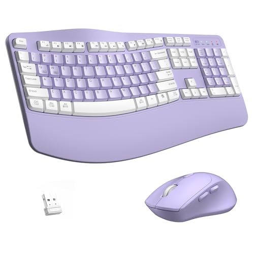 Wireless Keyboard and Mouse Combo,2.4G Ergonomic Wave Keys(Purple-A) | Full Size Cordless Keyboard with Wrist Rest,3-Level DPI Ergonomic Mouse for Office and Home,Windows/Mac OS/Desktop/Laptop/PC - color: Purple & White-A