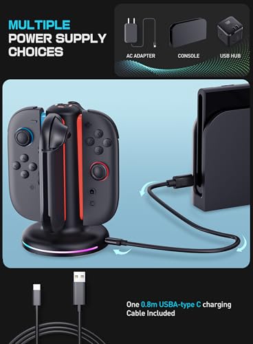 Mumba Magnetic Charging Station Compatible with Nintendo Switch 2, 4-in-1 Fast Charging Dock for Joy-Con Controllers, Dual-Direction Design with 9 RGB Lights, Overcharge Protection & USB-C Cable