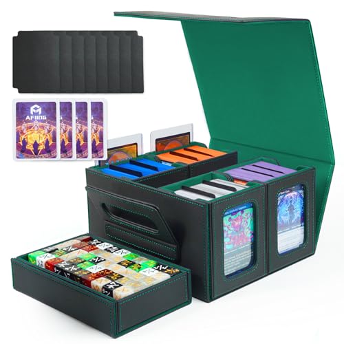 AFIING Commander Deck Box for MTG, Holds 400+ Double-Sleeved Cards, 4 Removable Deck Cases with Display Window, Dice Tray/Handle,Trading Card Storage Organizer/Dividers for TCG (Black Green) - color: Black Green