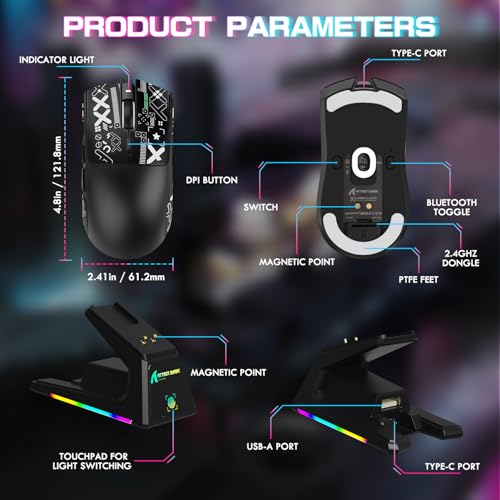 ATTACK SHARK X1 Ultralight Tri Mode Wireless 40000 DPI Gaming Mouse-Black | Magnetic RGB Charging Dock,Anti Slip Grip Tape,PixArt PAW3395 Pro Optical Sensor,BT/2.4Ghz/Wired,Driver for PC Win Mac Gamer - color: Black+Grip Tape