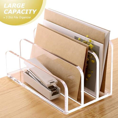 SANRUI Clear Acrylic Mail File Organizer Sorters for Desk, 3 slot Laddered | Desktop Vertical Letter Holder, Multifunction Envelope Folder Racks Holders for Office,Home, School - size: 3-Compartment ladder