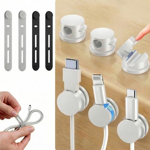 10 Pack Rotatable Cord Holder Organizer & Silicone Cable Straps Set | Adhesive Cable Clips Holder for Desk, Wall, Car - Wire Management Clips for iPhone Charger, USB, Computer Cables Cord Keepers - color: white
