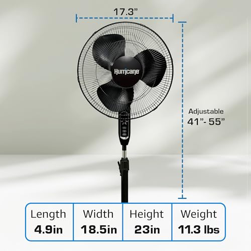 Hurricane Supreme Oscillating Pedestal Stand Fan with 3 Quiet Speeds, Black, 16" - Corded Electric Air Cooling Unit with Remote Control & Adjustable Height for Home, Apartment, Workshop or Office
