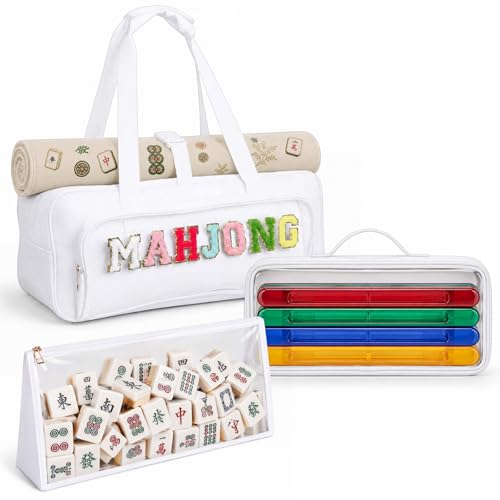 3 Piece Mahjong Storage Bag Set for American Mahjong, Clear Zippered Travel Organizer with Chenille Letter Patch for Tiles, Racks and Accessories, Portable Empty Carrying Case(White) - color: White